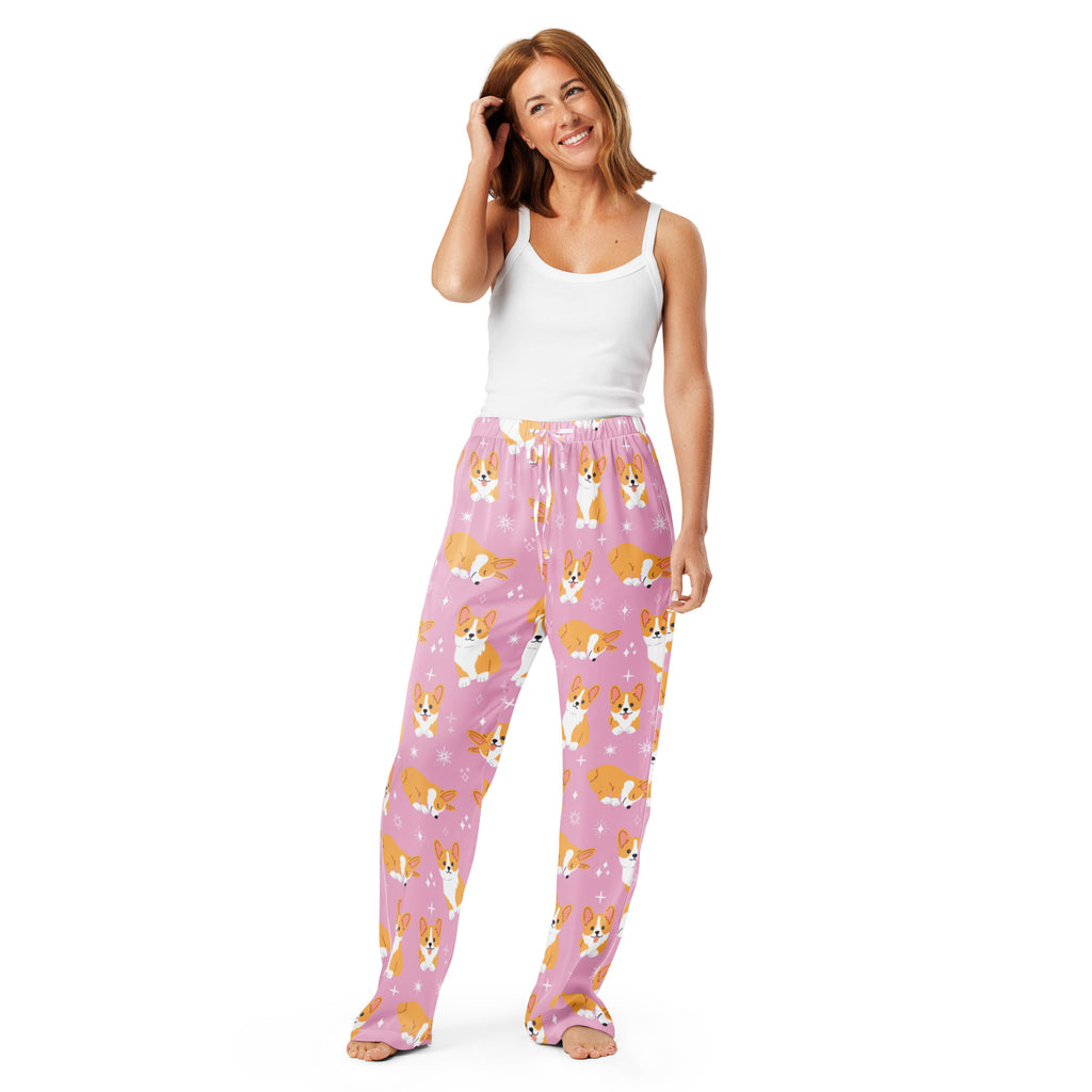 Women’s pink corgi dog pajama pants with playful orange and white corgi pattern lightweight relaxed fit with drawstring waist