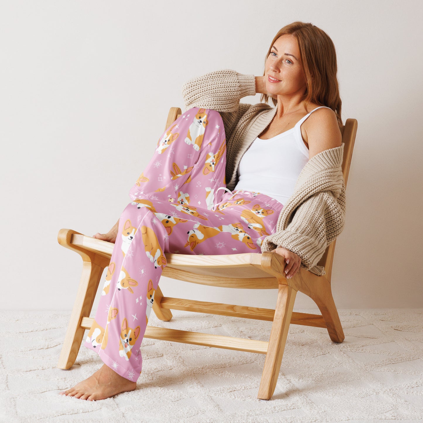 Women’s Pink Corgi Dog Pajama Pants – Lightweight Relaxed Fit with Drawstring Waist