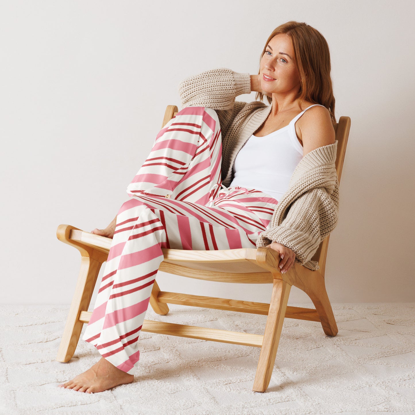 Women’s Pink Candy Cane Stripes Pajama Pants – Lightweight Relaxed Fit with Drawstring Waist