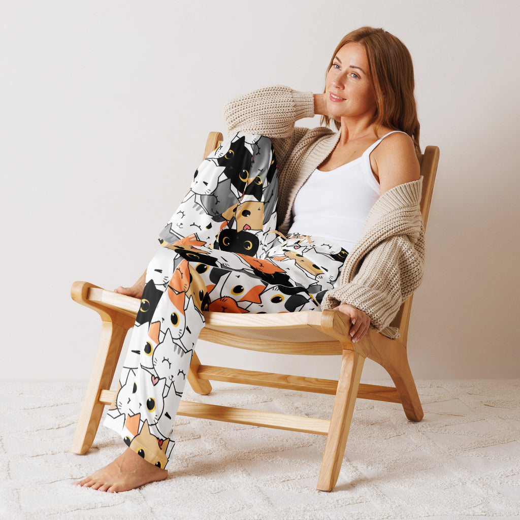 White women’s cat face pajama pants with playful black orange and gray cartoon cat pattern lightweight relaxed fit
