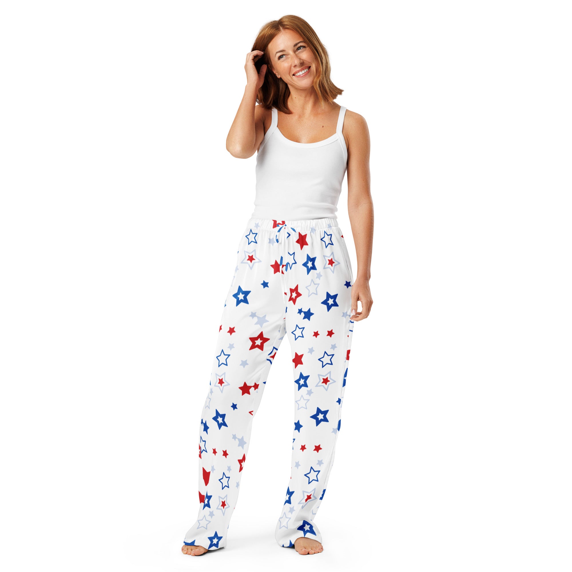 Women’s white lightweight pajama pants with red blue and silver star pattern and relaxed fit drawstring waist