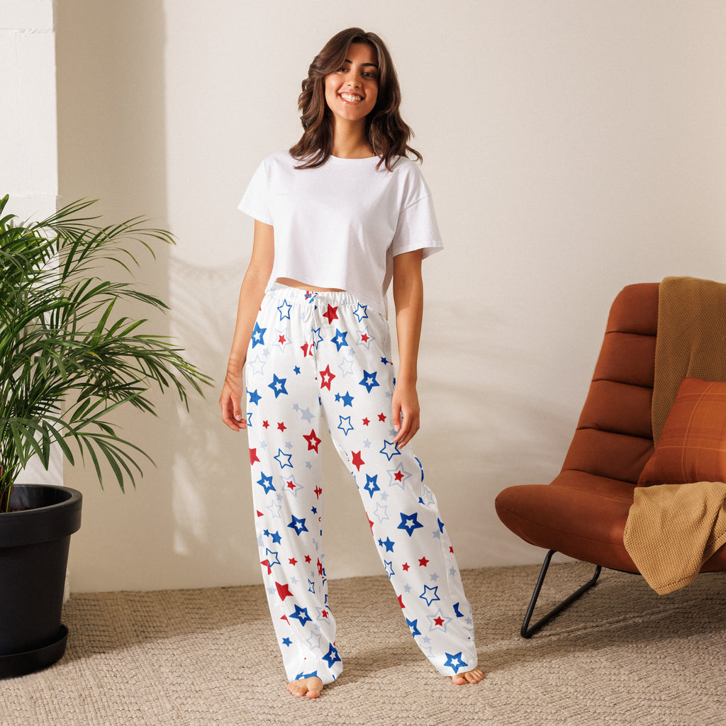 Women’s patriotic stars lightweight white pajama pants with red blue and silver star pattern and drawstring waist