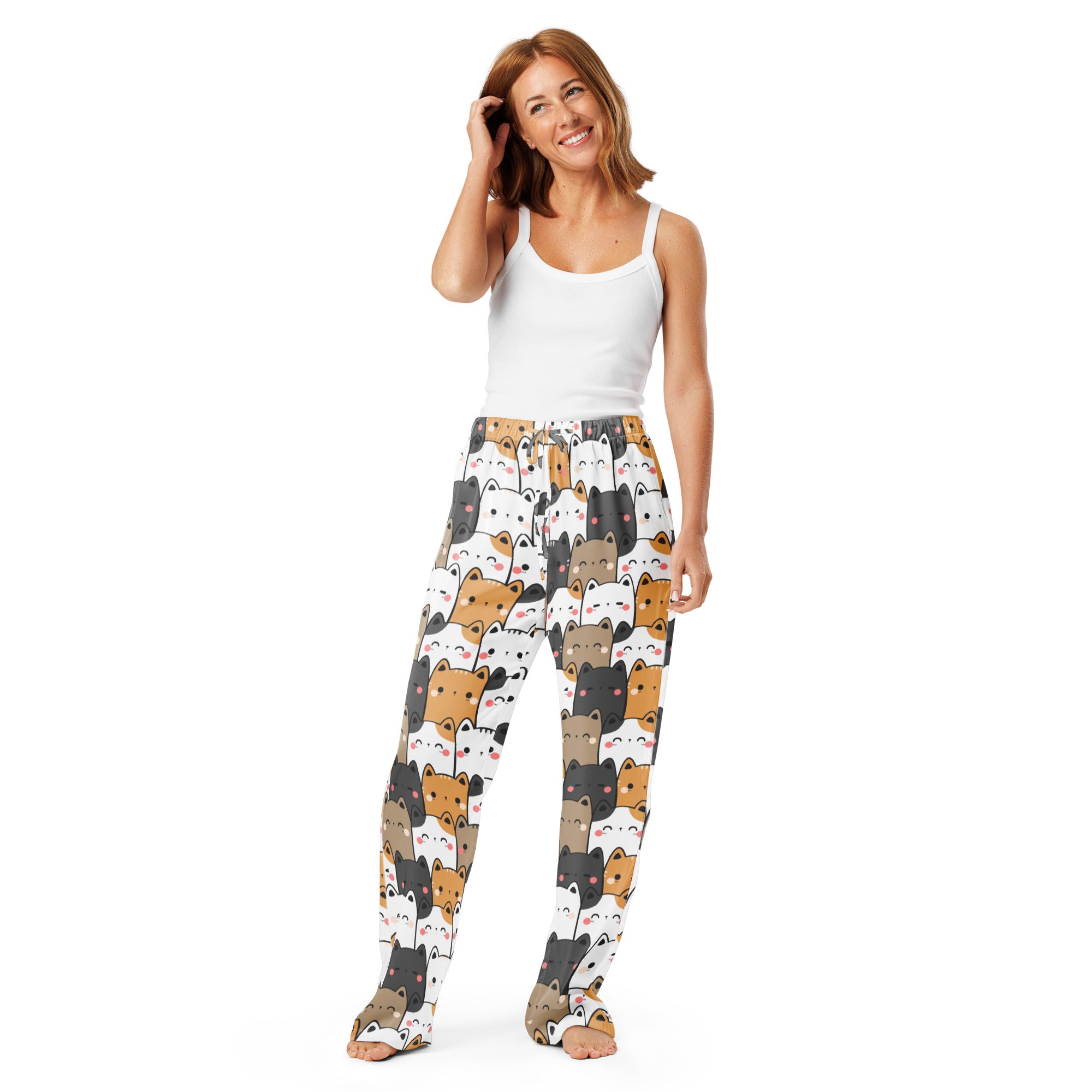 Women’s Kawaii Cat Pajama Pants – Lightweight Relaxed Fit with Drawstring Waist