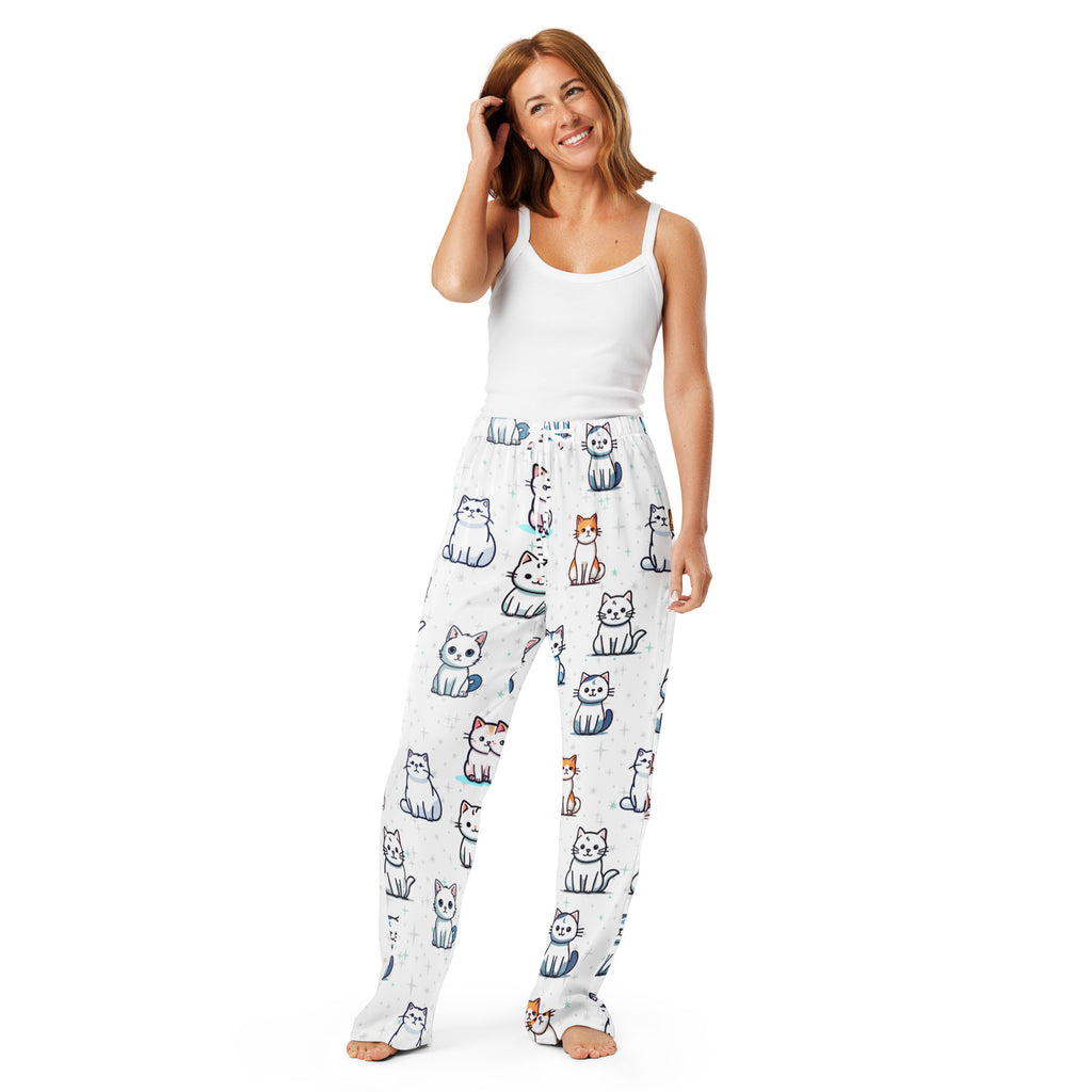 Women’s white lightweight pajama pants with playful colorful cartoon cat pattern and drawstring waist for relaxed fit