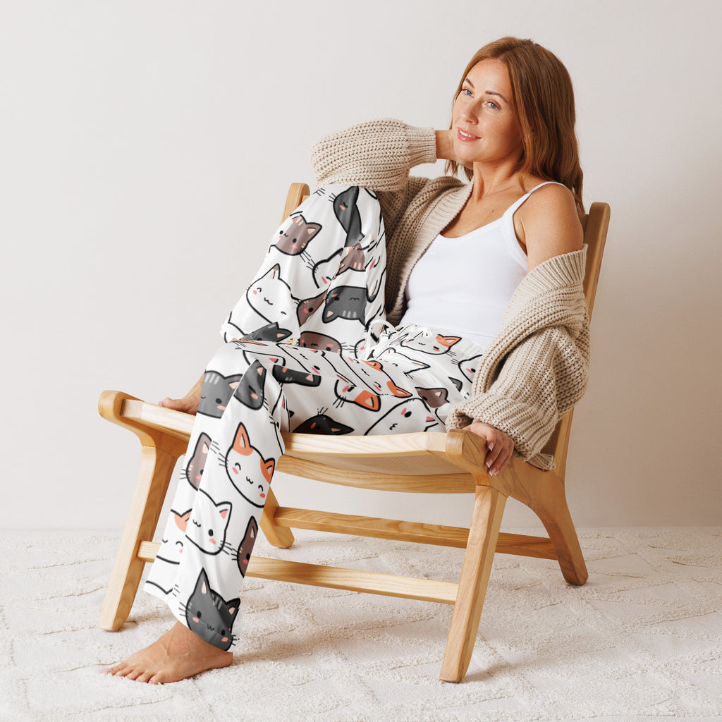 White women’s pajama pants with colorful cartoon cat print lightweight relaxed fit and drawstring waist