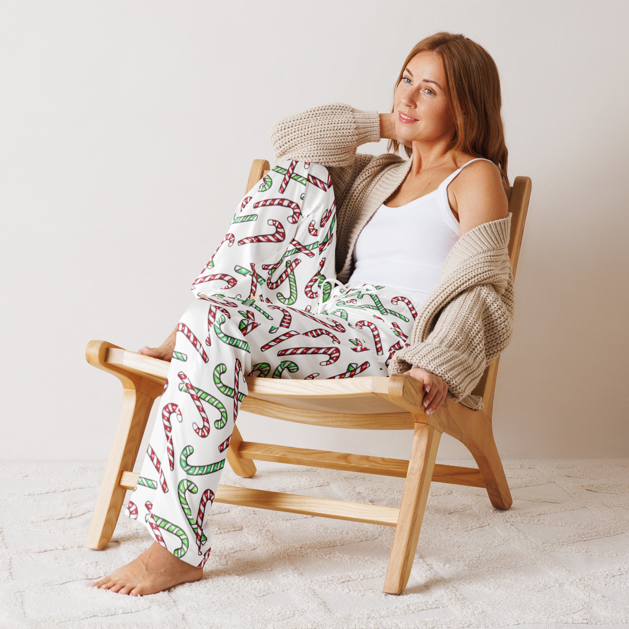 Women’s Red & Green Candy Cane Pajama Pants – Lightweight Relaxed Fit with Drawstring Waist