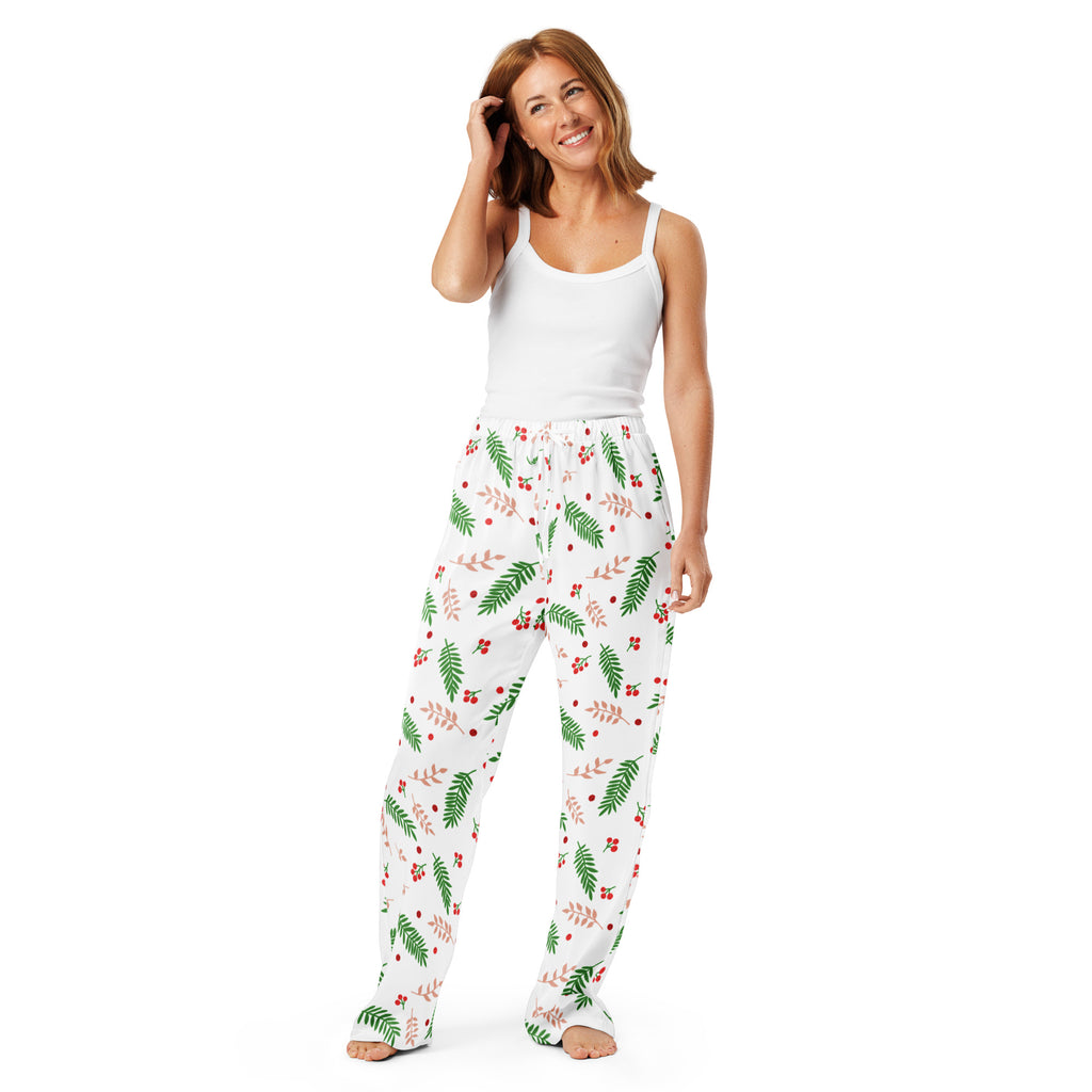 Women’s white pajama pants with green fern and red berry pattern lightweight relaxed fit with drawstring waist