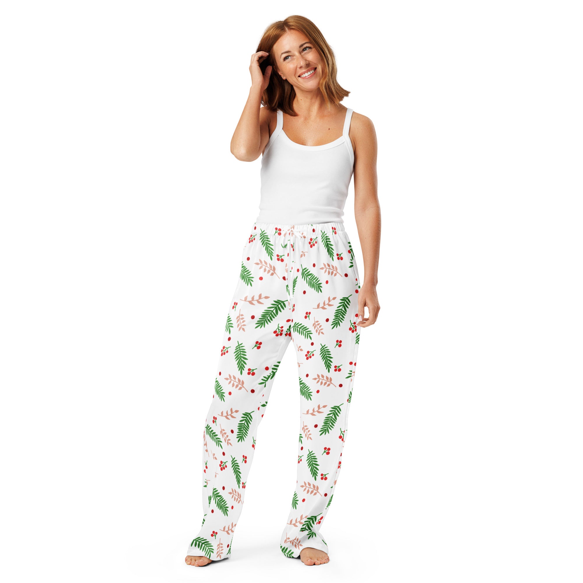 Women’s white pajama pants with green fern and red berry pattern lightweight relaxed fit with drawstring waist