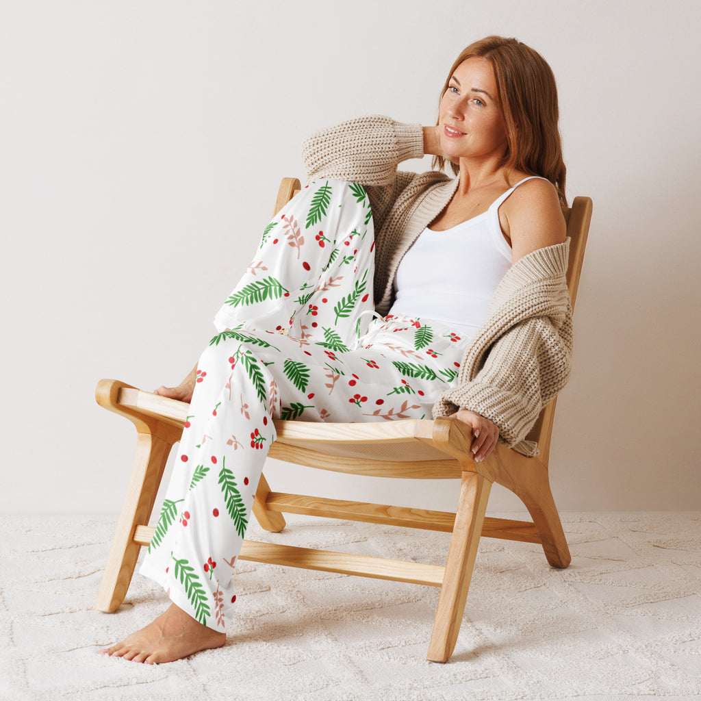 Women’s white pajama pants with green leaf and red berry pattern made of soft fabric lightweight relaxed fit with drawstring waist