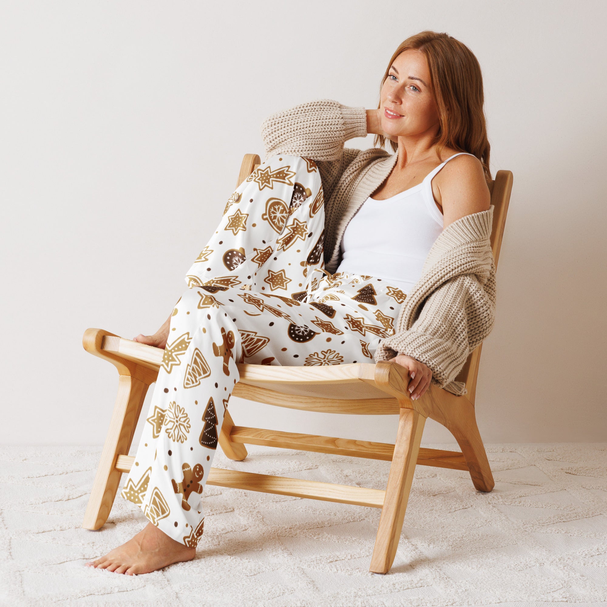 Women’s white lightweight gingerbread cookie christmas pajama pants with brown star pattern and drawstring waist