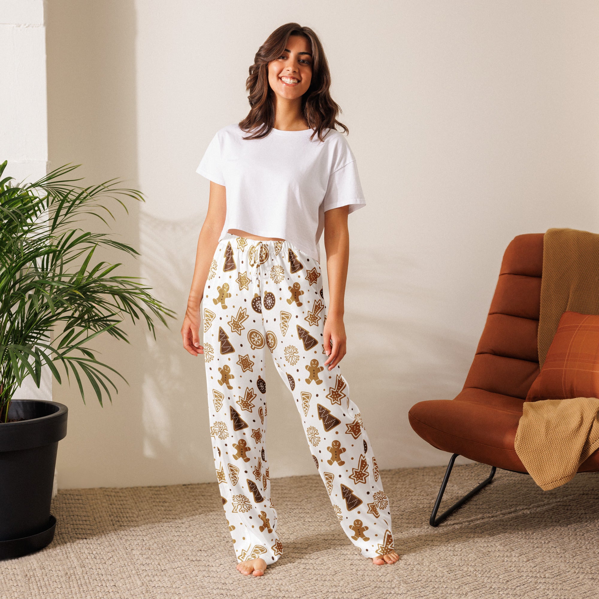 White lightweight women’s gingerbread cookie christmas pajama pants with relaxed fit and drawstring waist