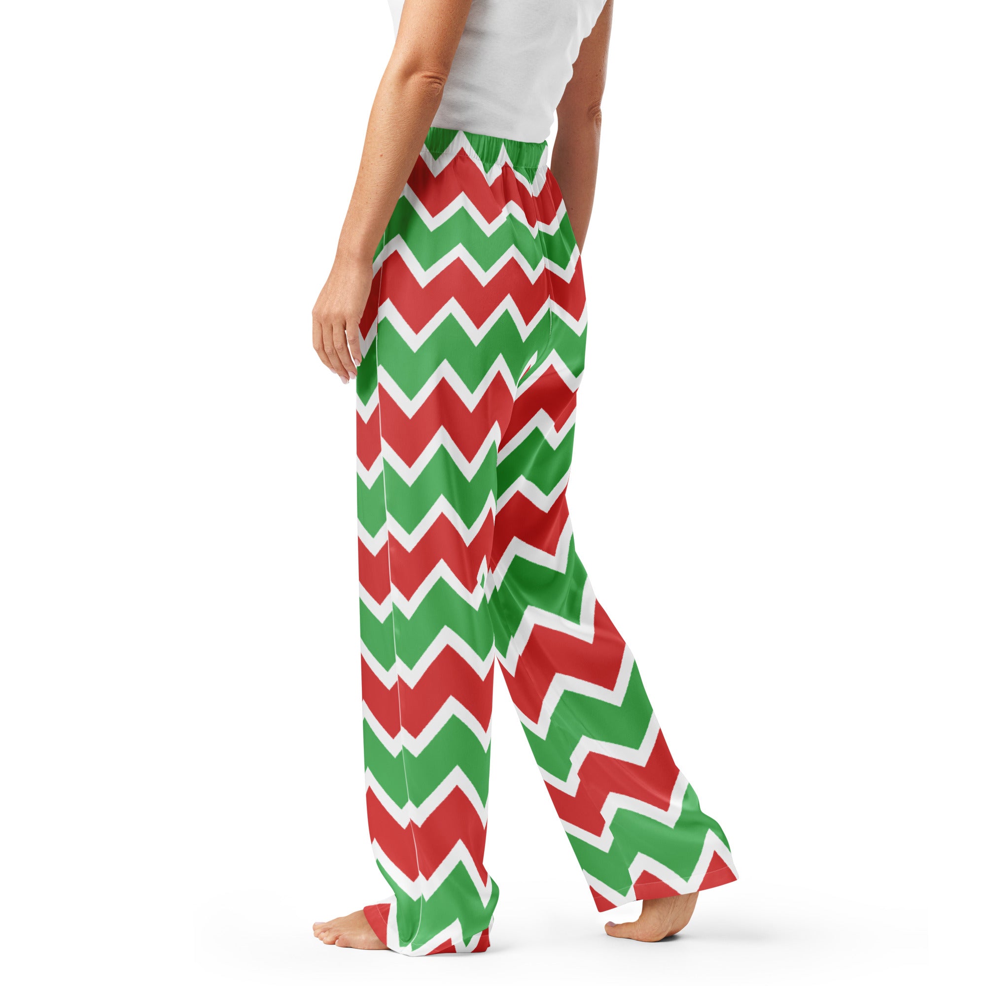 Women’s lightweight relaxed fit red and green chevron pajama pants with white trim and drawstring waist for christmas