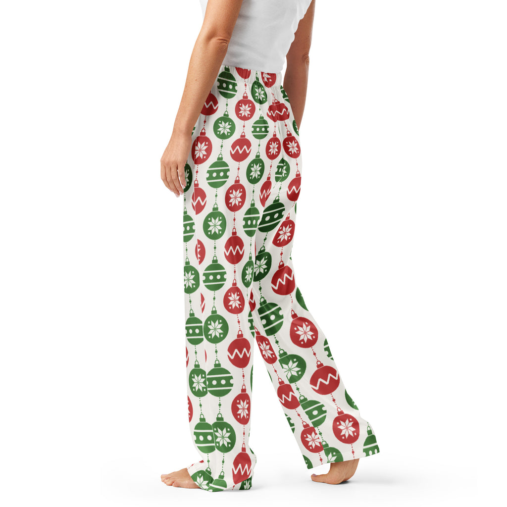 White womens pajama pants with festive red and green christmas ornaments snowflakes and zigzag lightweight relaxed fit