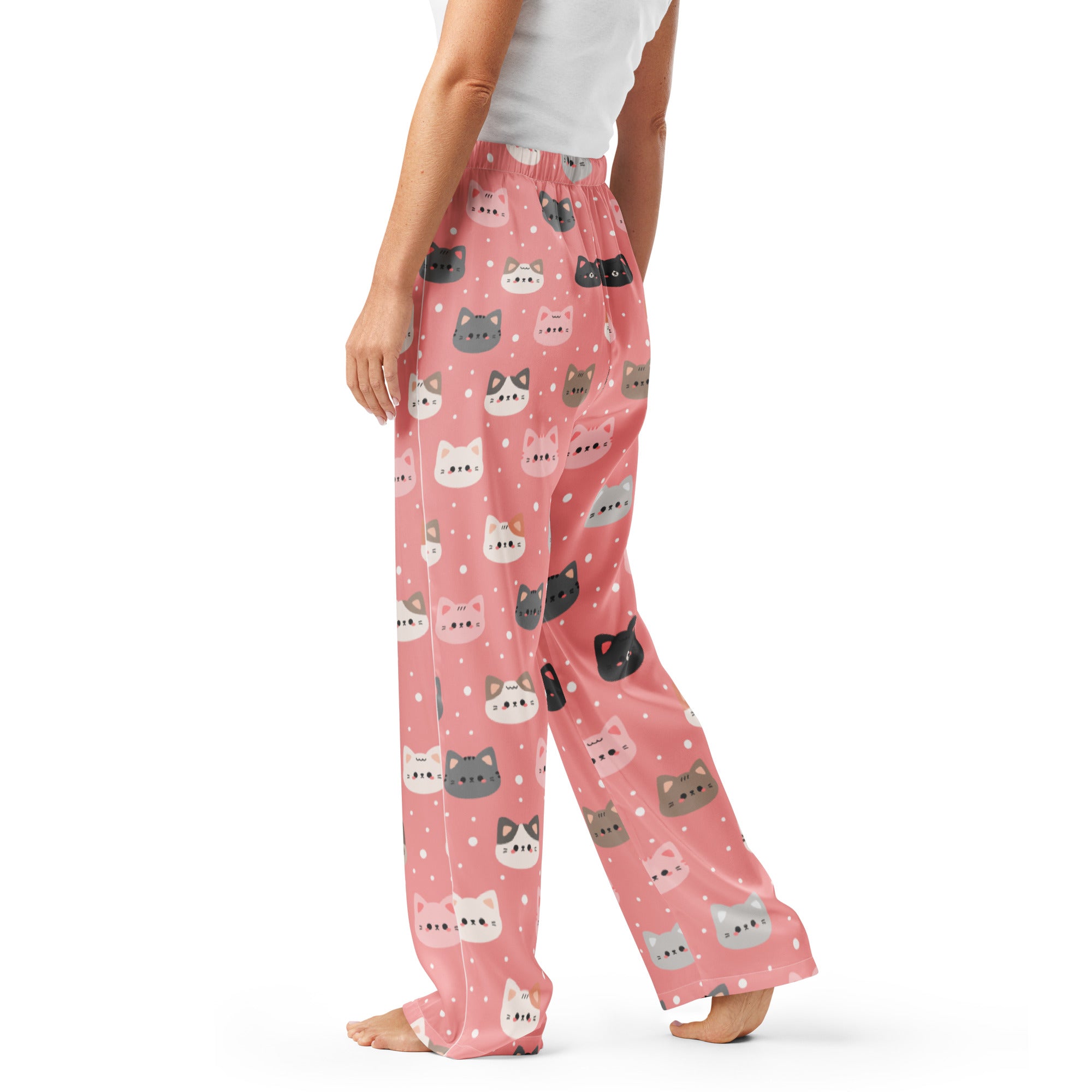Women’s cute pink cat faces pajama pants with lightweight relaxed fit and drawstring waist featuring colorful cat pattern