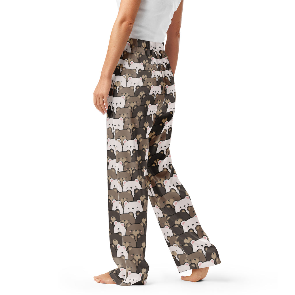 Women’s lightweight fluffy wide-leg pajama pants with playful white and brown cartoon bear print and drawstring waist