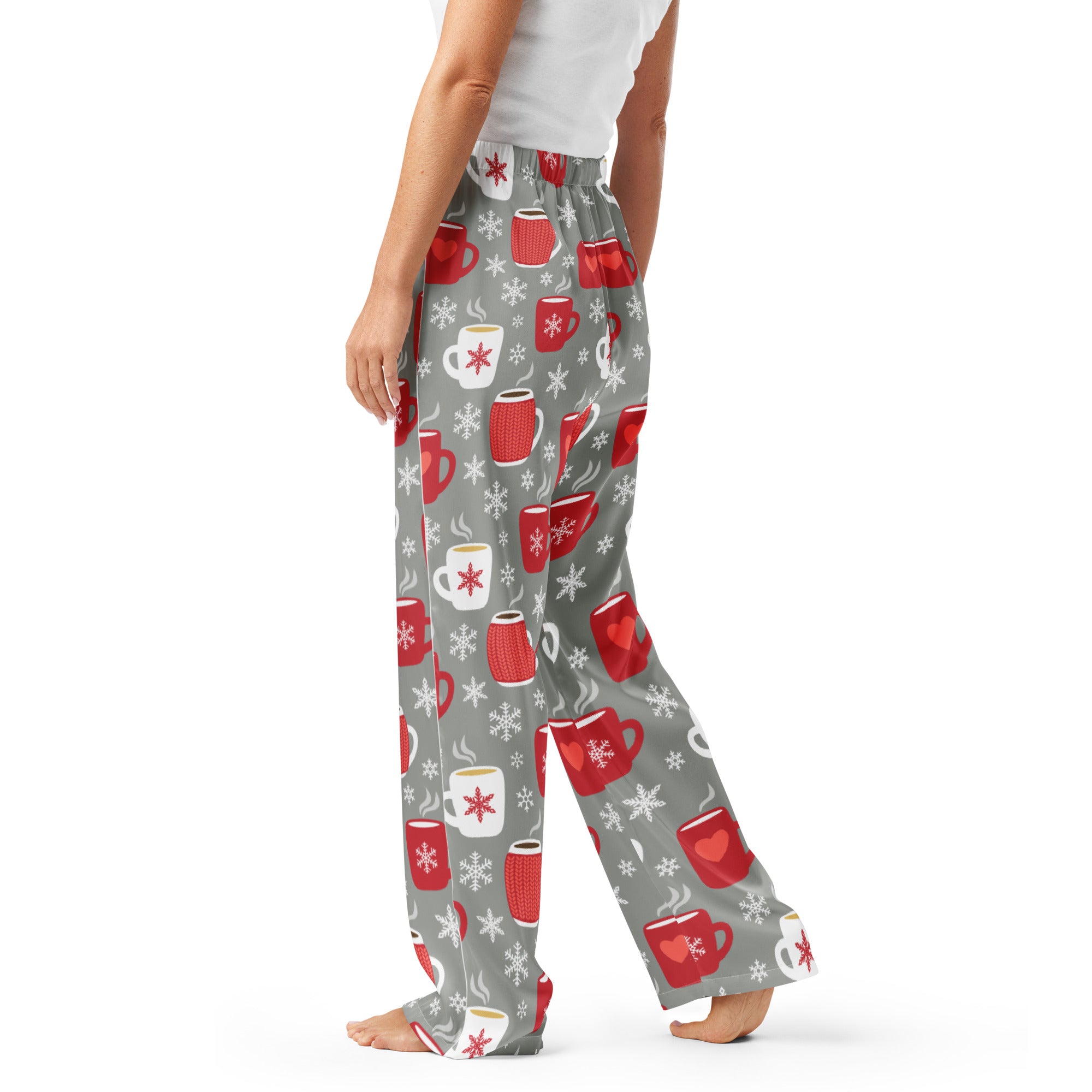 Women’s lightweight gray pajama pants with drawstring waist featuring red and white mugs with snowflakes festive pattern