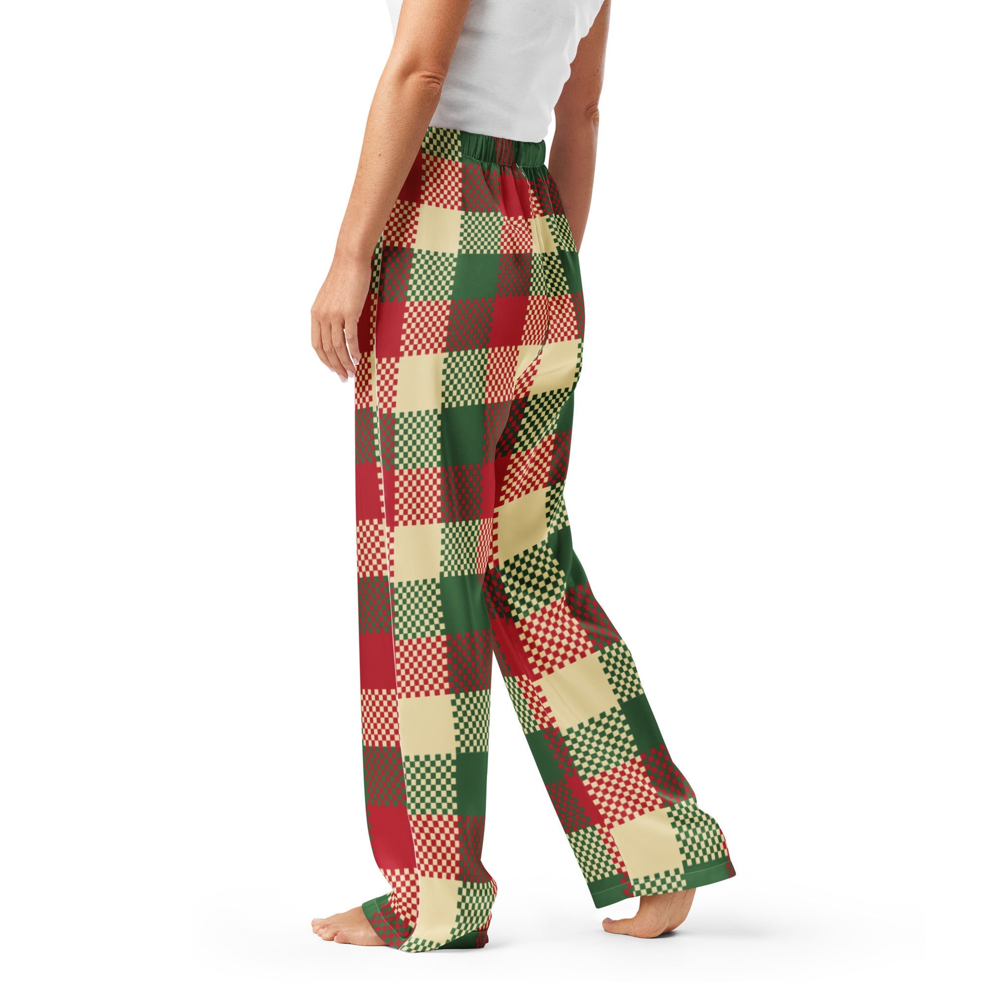 Women’s lightweight flannel Christmas plaid pajama pants with red green beige pattern and drawstring waist