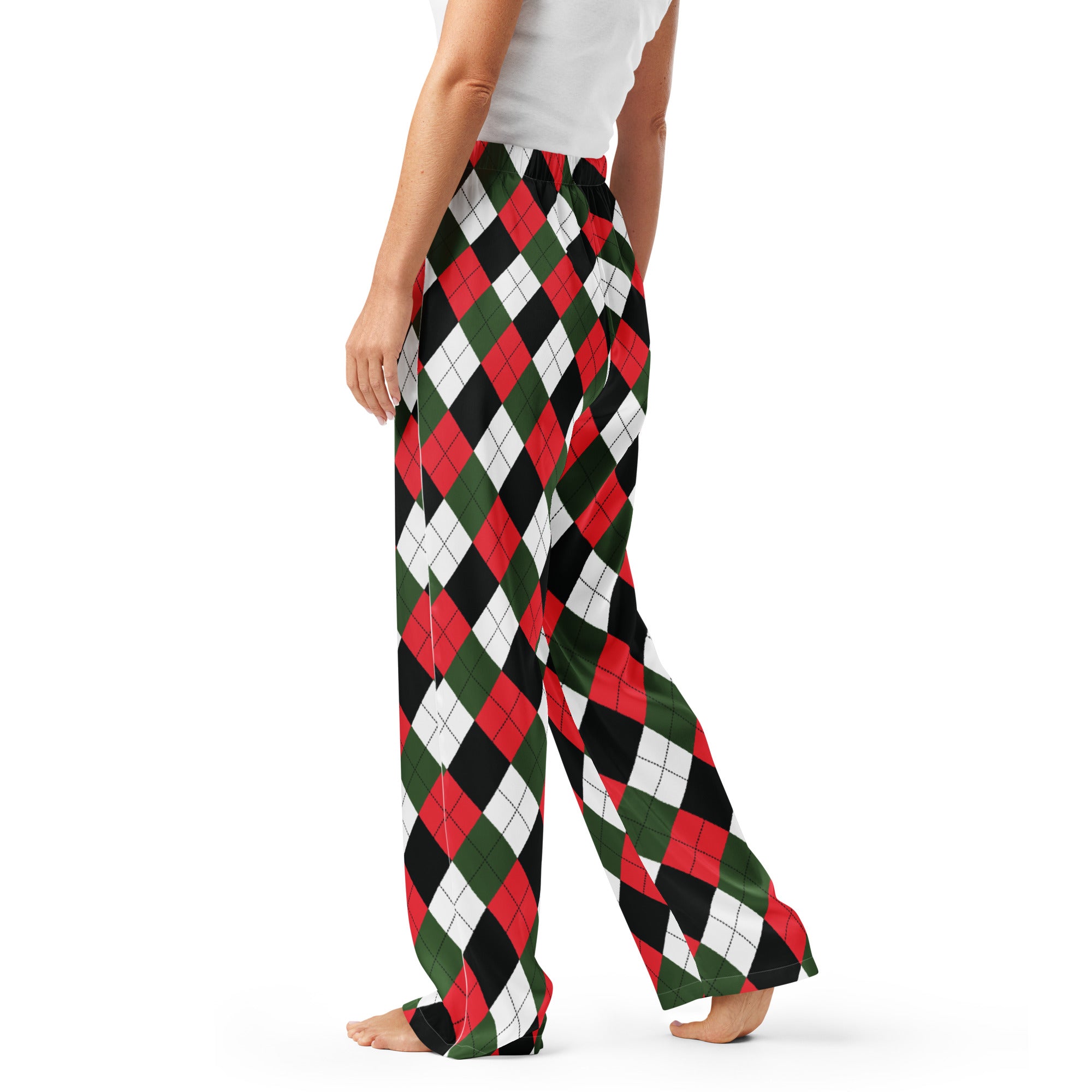 Women’s Christmas argyle pajama pants in red green and black lightweight fabric with relaxed fit and drawstring waist