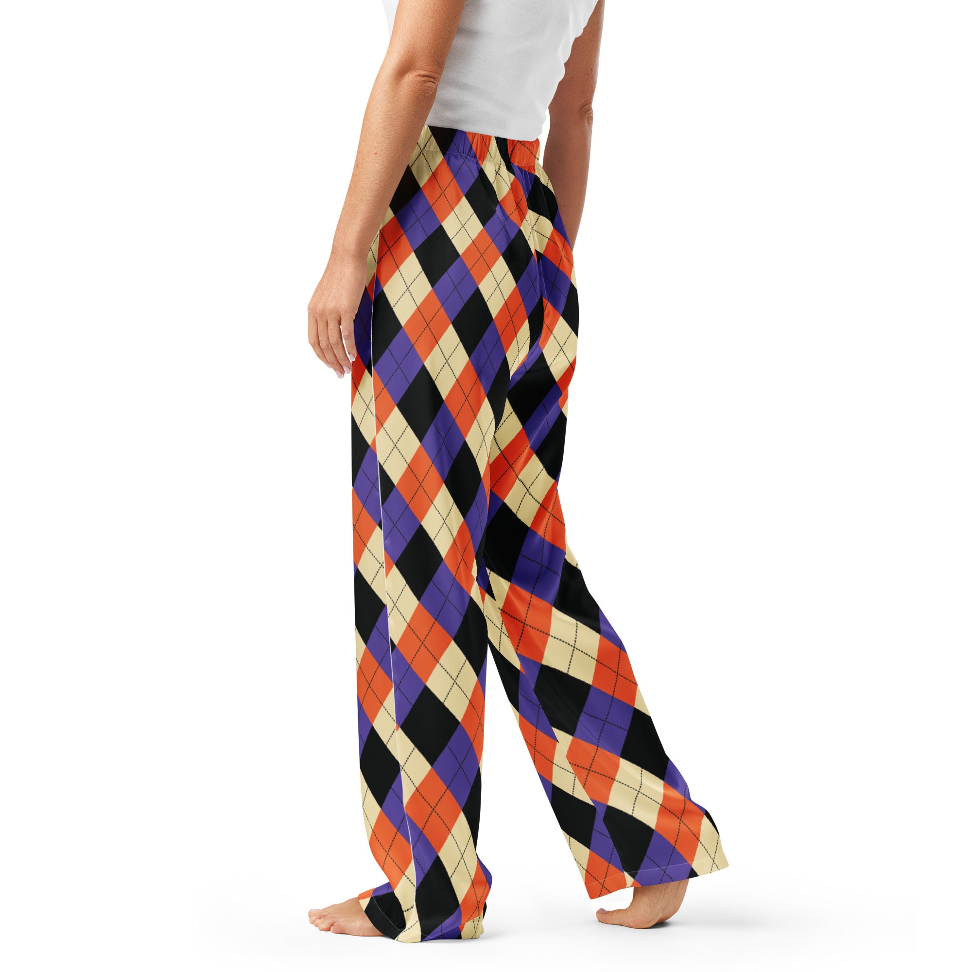 Women’s lightweight relaxed fit Halloween argyle pajama pants with drawstring waist in bold orange purple black and cream