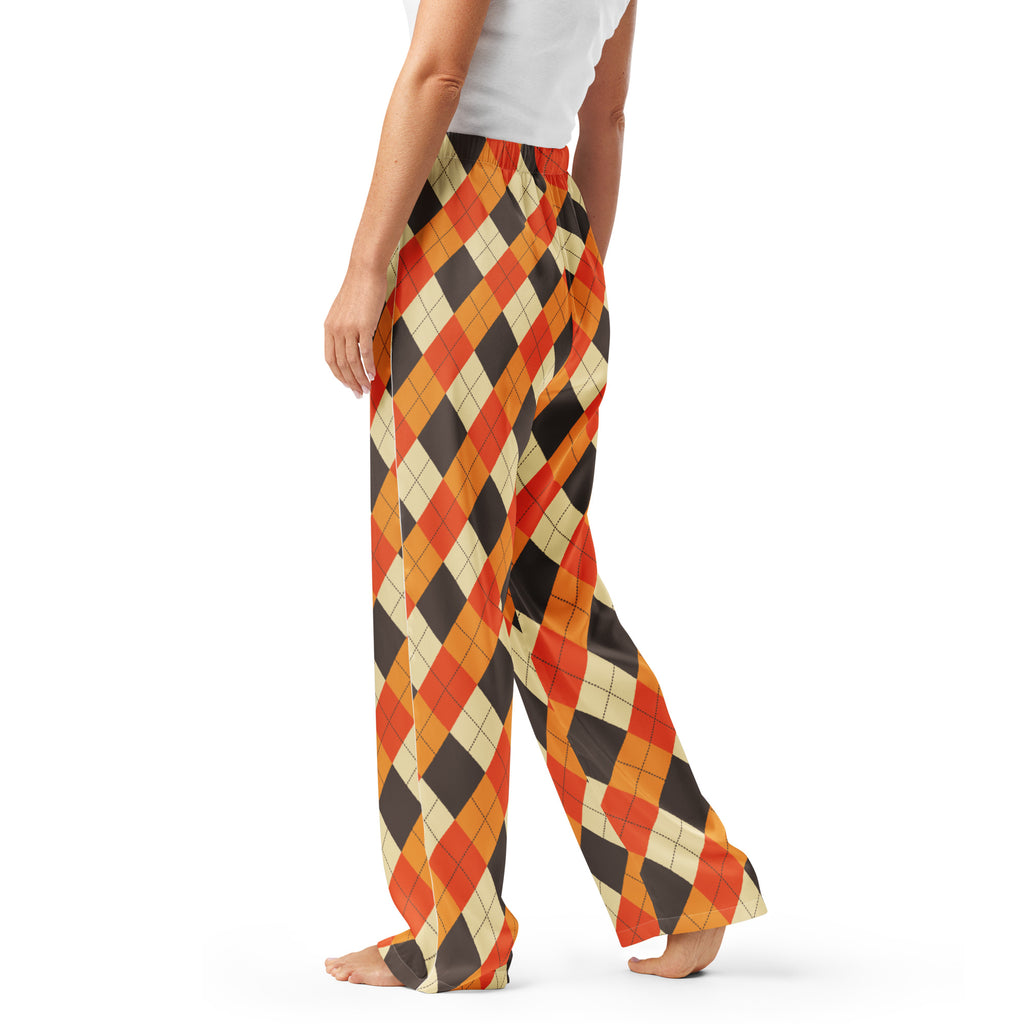 Women’s fall argyle pajama pants lightweight relaxed fit wide-leg with drawstring waist in orange black and cream colors