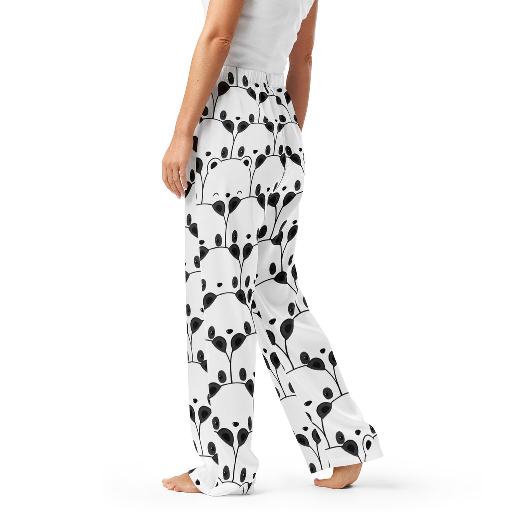 Women’s white lightweight panda print pajama pants with playful black panda faces and leaf designs, relaxed fit with drawstring waist