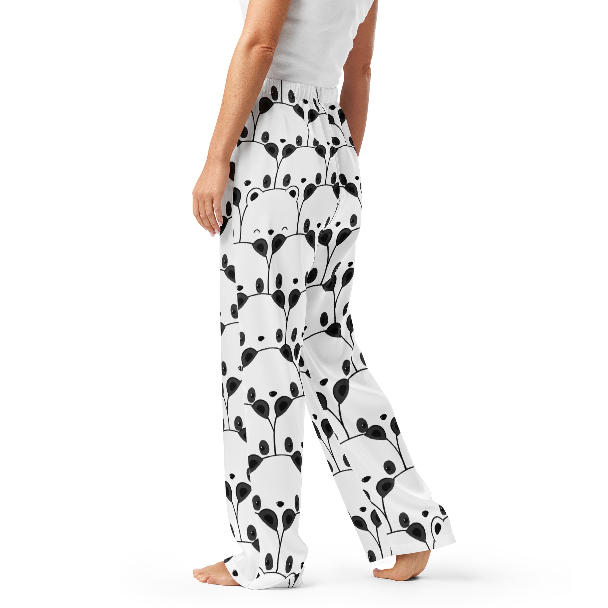 Women’s white lightweight panda print pajama pants with playful black panda faces and leaf designs, relaxed fit with drawstring waist