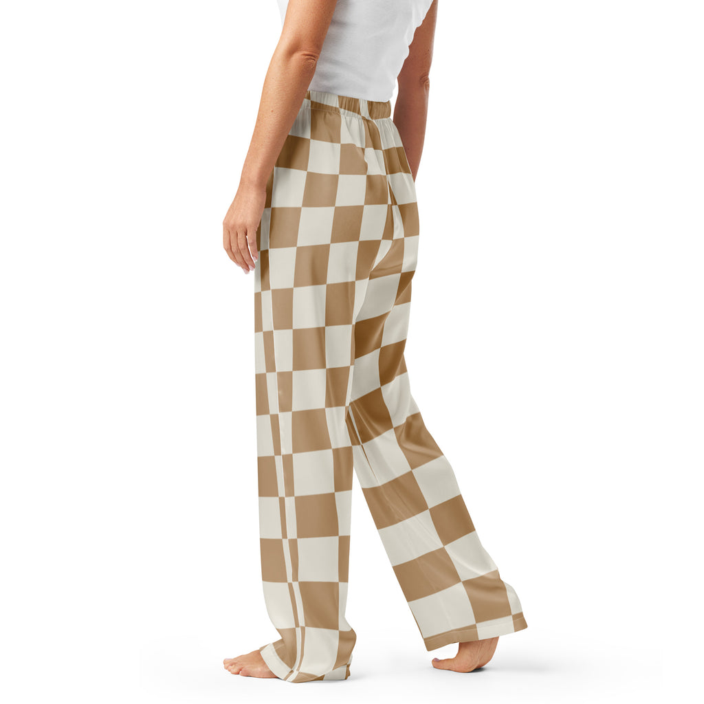 Women’s neutral beige checkerboard pajama pants in cream and tan with wide-leg, lightweight relaxed fit and drawstring waist
