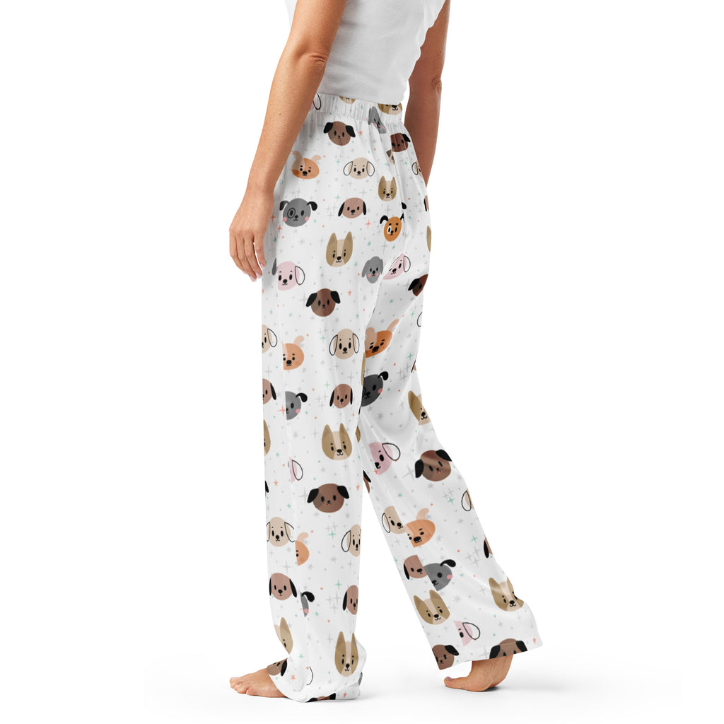 White women’s dog face pajama pants with lightweight relaxed fit and colorful cartoon dog pattern and drawstring waist