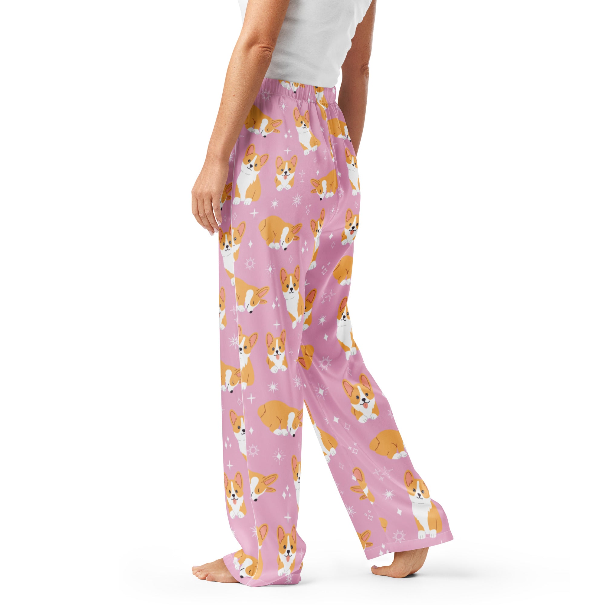 Women’s Pink Corgi Dog Pajama Pants – Lightweight Relaxed Fit with Drawstring Waist