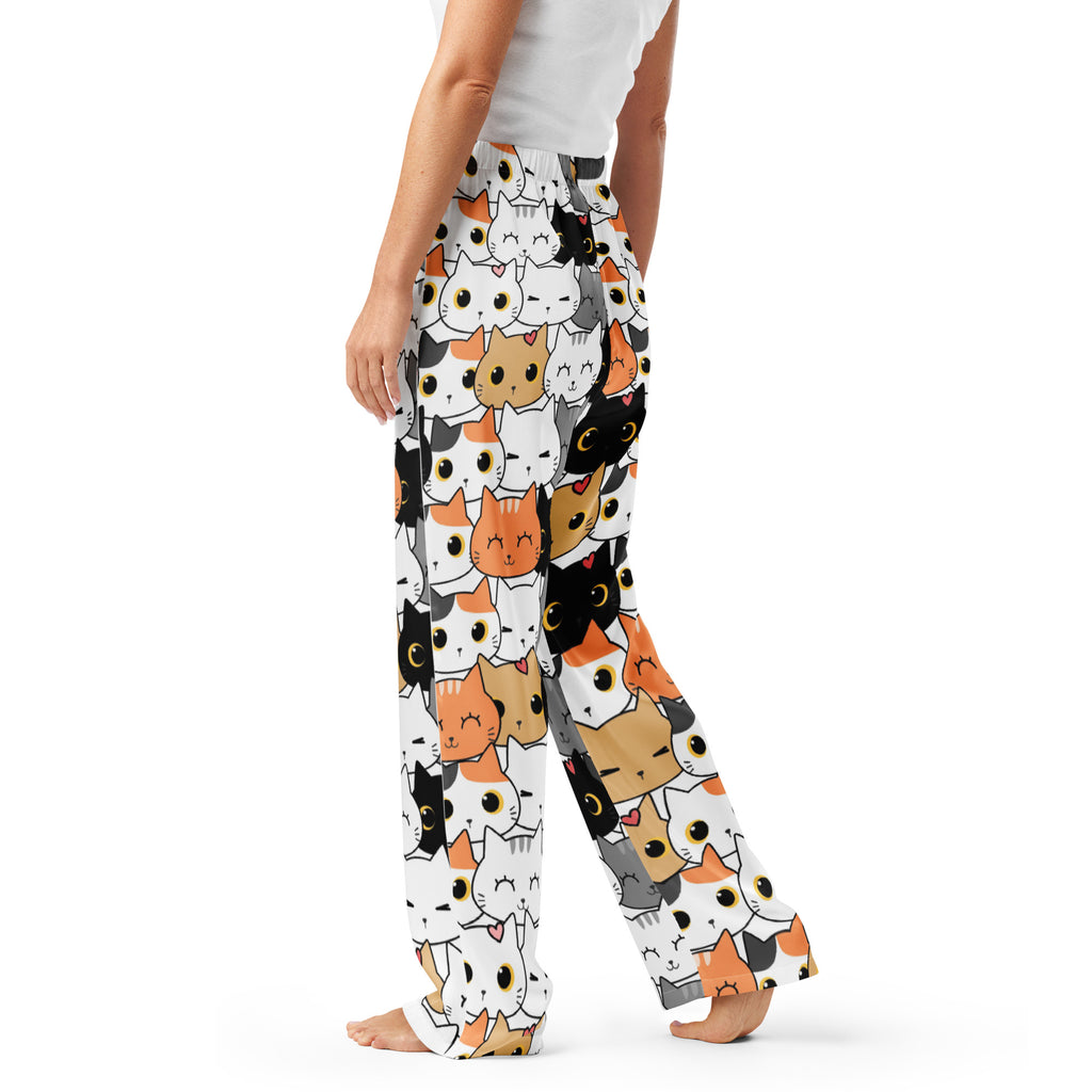 White lightweight women’s cat face pajama pants with relaxed fit and drawstring waist featuring colorful cartoon cats