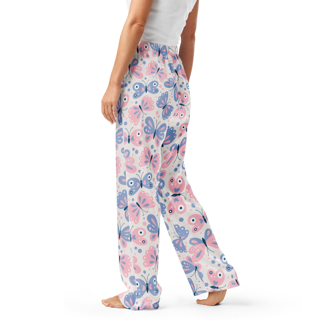Women’s pink and purple butterfly-patterned wide-leg pajama pants with drawstring waist in lightweight fabric