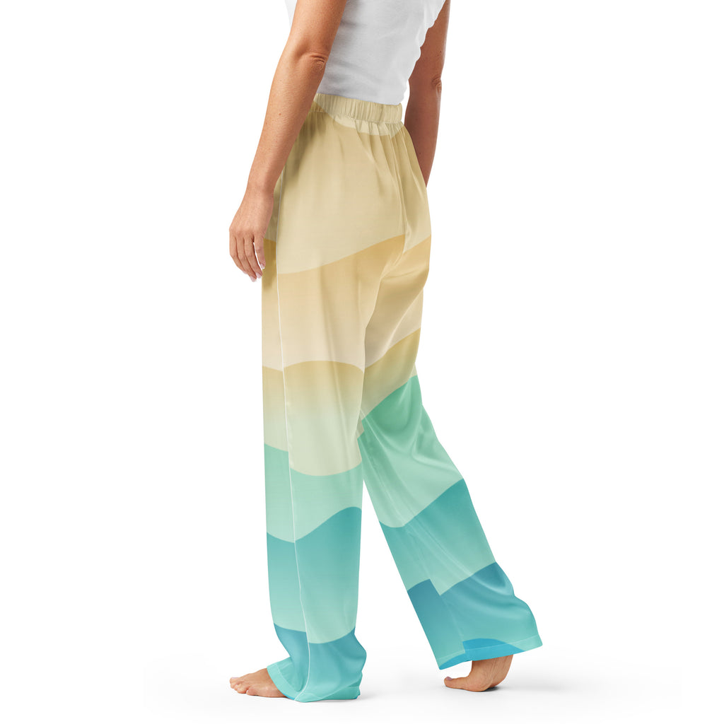 Women’s ocean sunset pajama pants with wide-leg flowing gradient from pale yellow to vibrant teal and drawstring waist