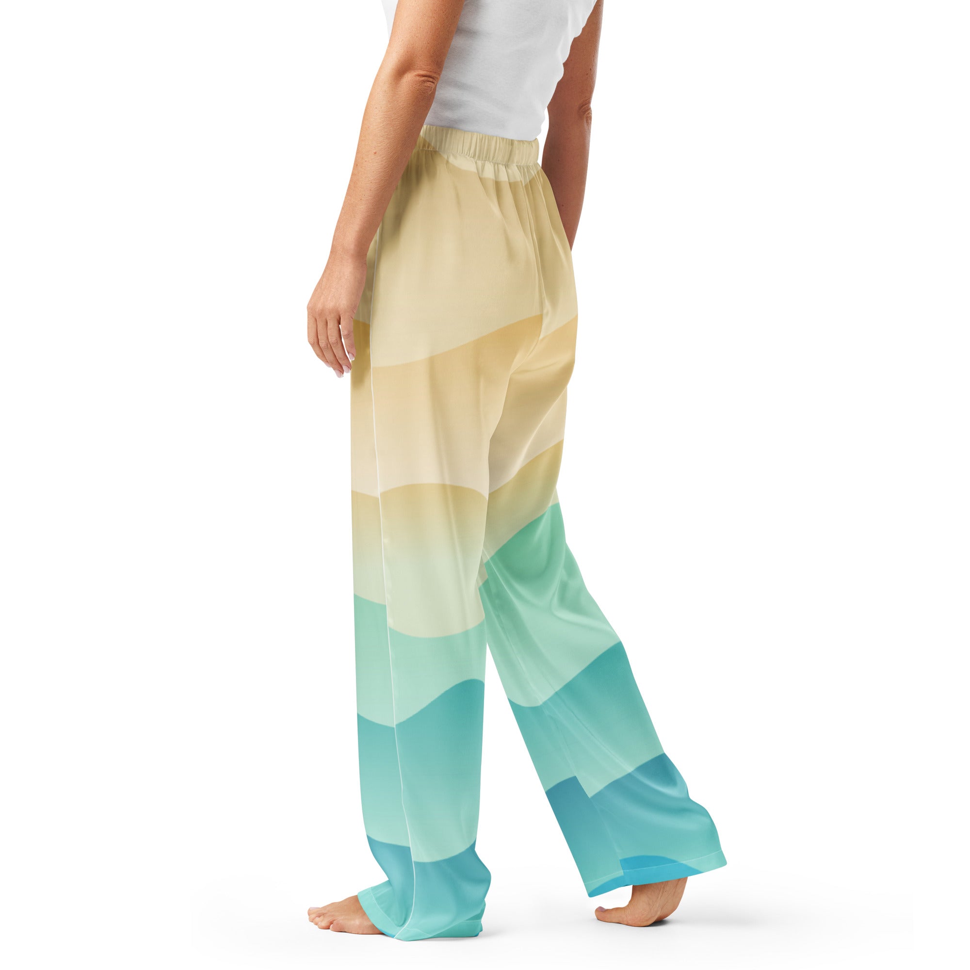Women’s ocean sunset pajama pants with wide-leg flowing gradient from pale yellow to vibrant teal and drawstring waist