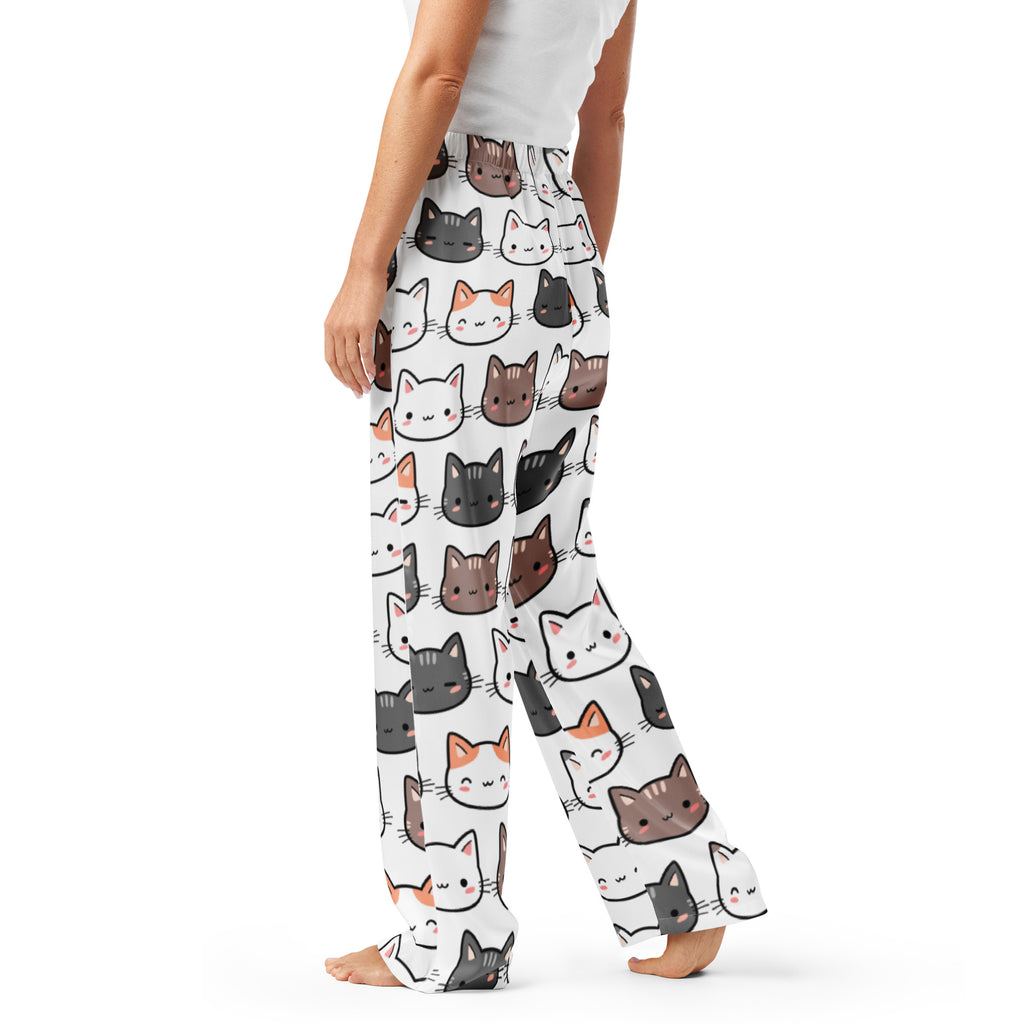 Women’s white pajama pants with playful multicolor cartoon cat print lightweight relaxed fit with drawstring waist