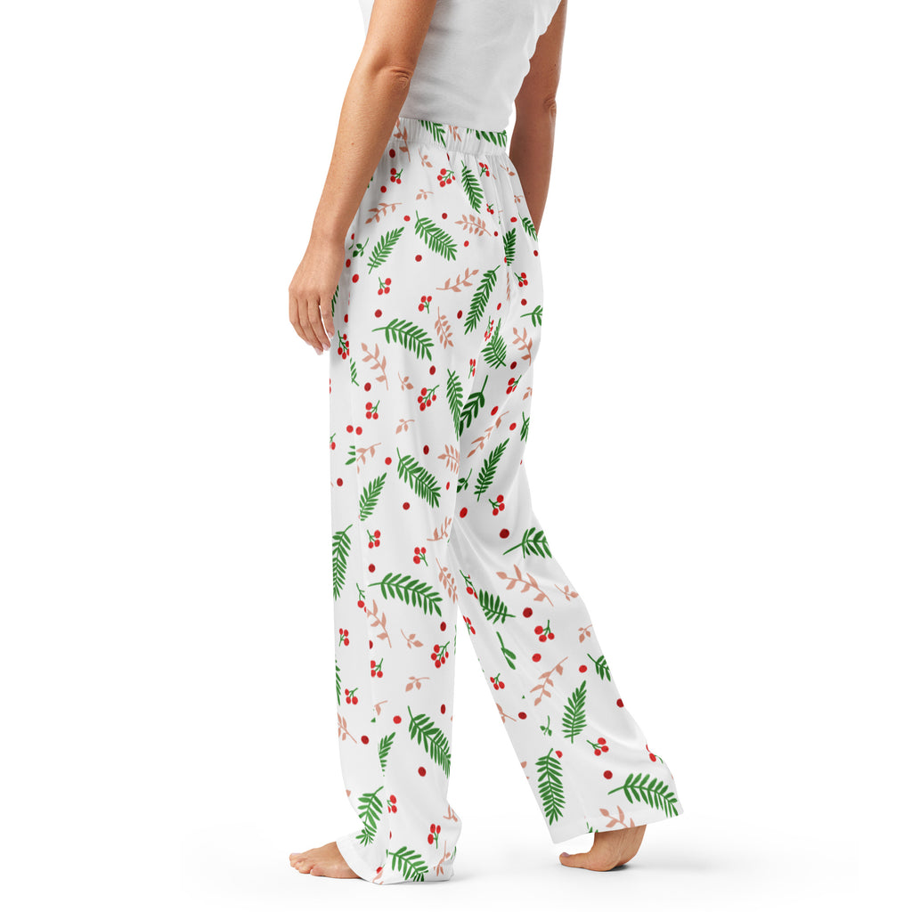 Women’s white Christmas berry and pine pajama pants with green leaves red berries lightweight relaxed fit fabric
