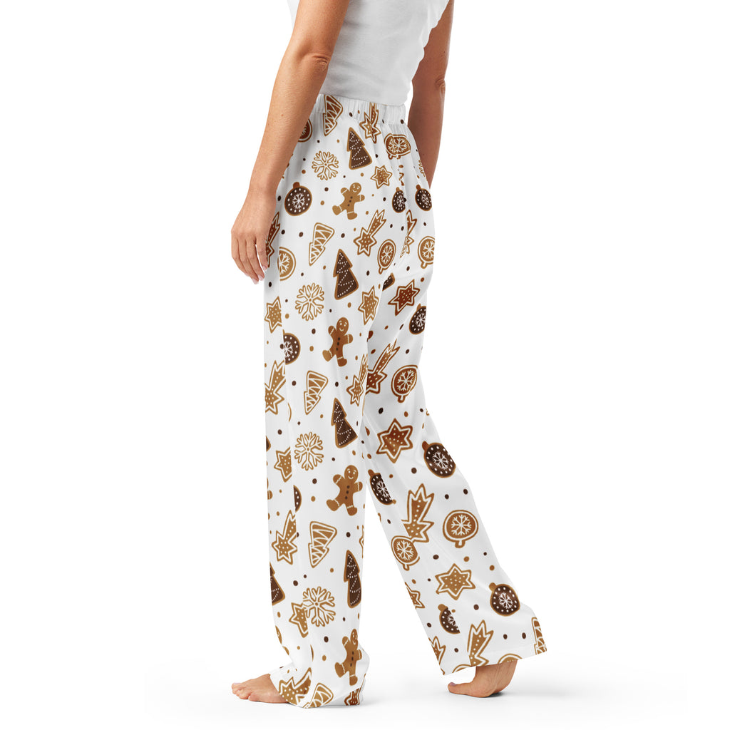 Women’s white lightweight gingerbread cookie christmas pajama pants with festive drawstring waist and relaxed fit