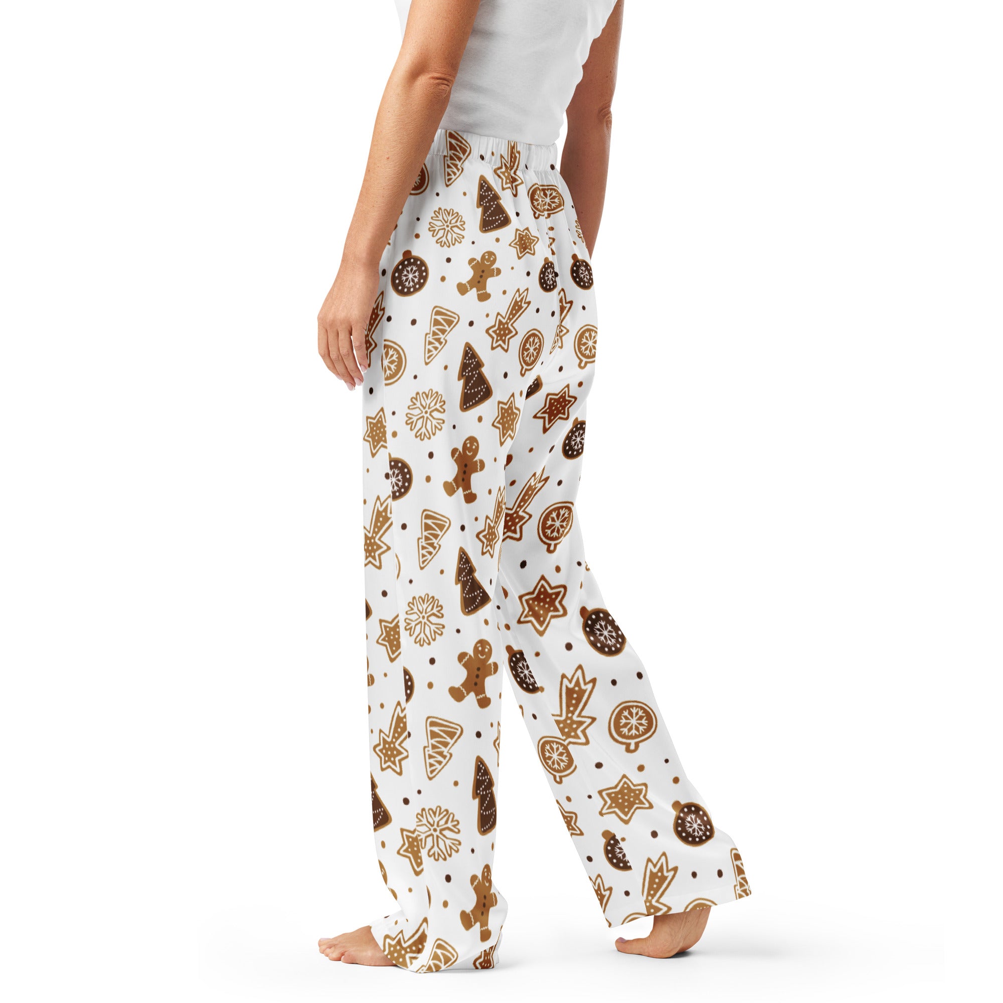 Women’s white lightweight gingerbread cookie christmas pajama pants with festive drawstring waist and relaxed fit