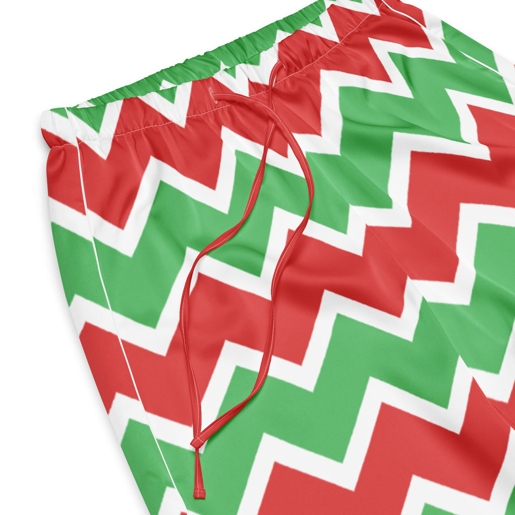 Women’s lightweight christmas chevron pajama pants with red and green zigzag pattern and drawstring waist
