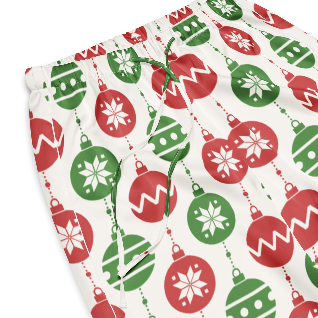 Women’s white lightweight pajama pants with red and green christmas ornament pattern and snowflake designs