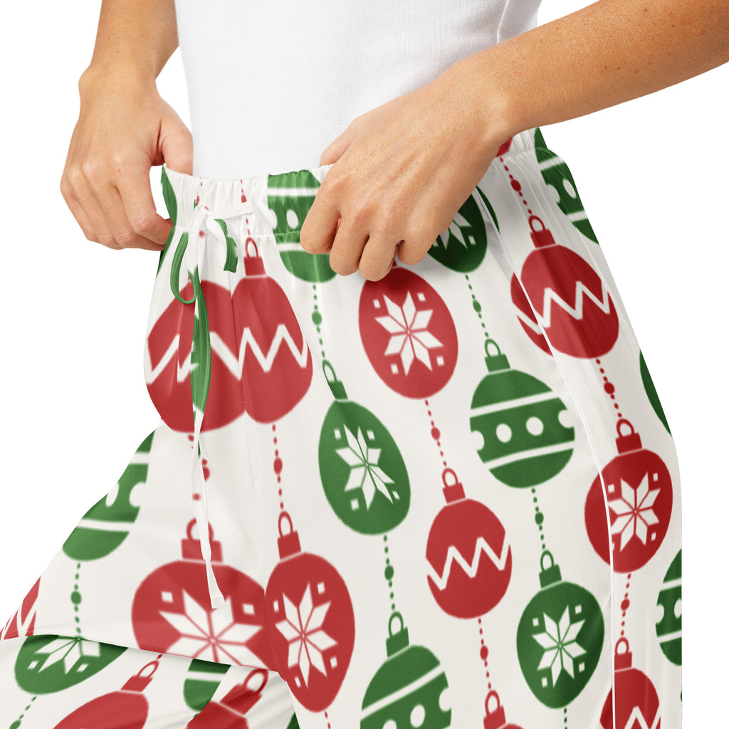 Women’s lightweight white pajama pants with red and green christmas ornament and snowflake pattern and drawstring waist