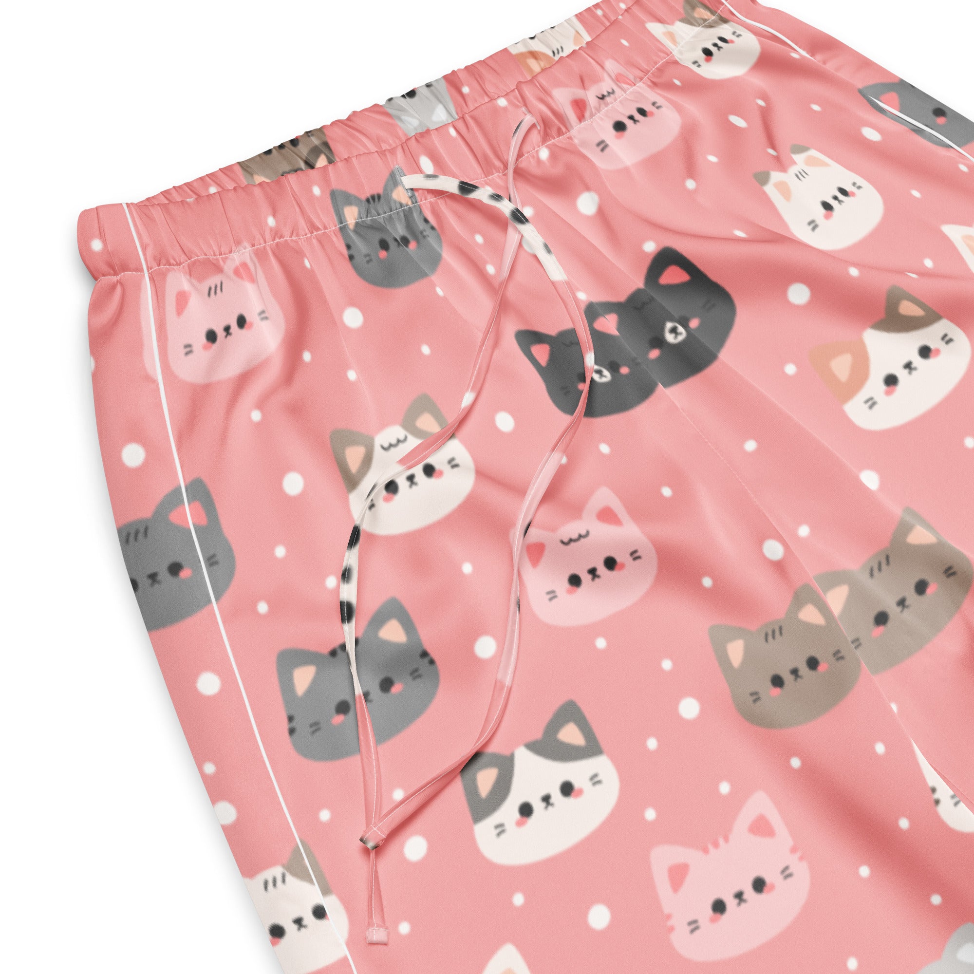 Women’s cute pink cat faces pajama pants with lightweight relaxed fit and playful gray white and pink cartoon cat pattern