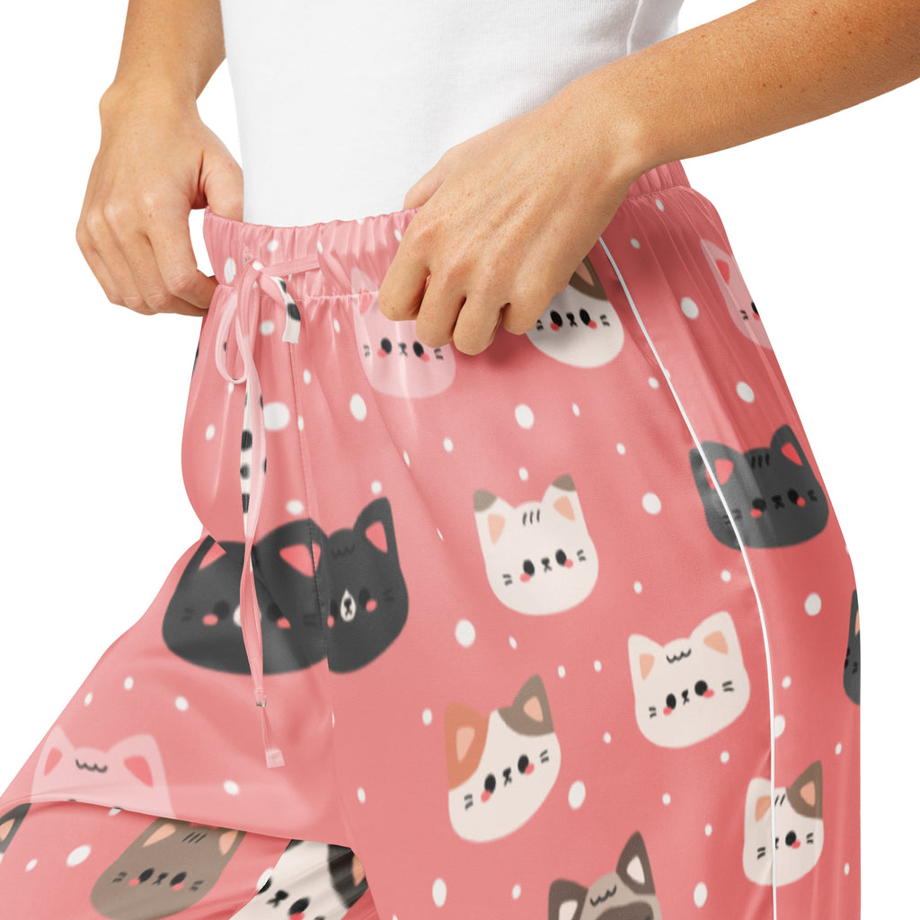 Women’s cute pink cat faces pajama pants with playful black white gray cats and white polka dots lightweight relaxed fit