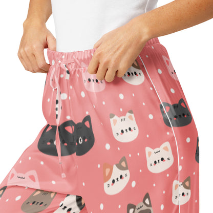 Women’s Pink Cat Pajama Pants – Lightweight Relaxed Fit with Drawstring Waist