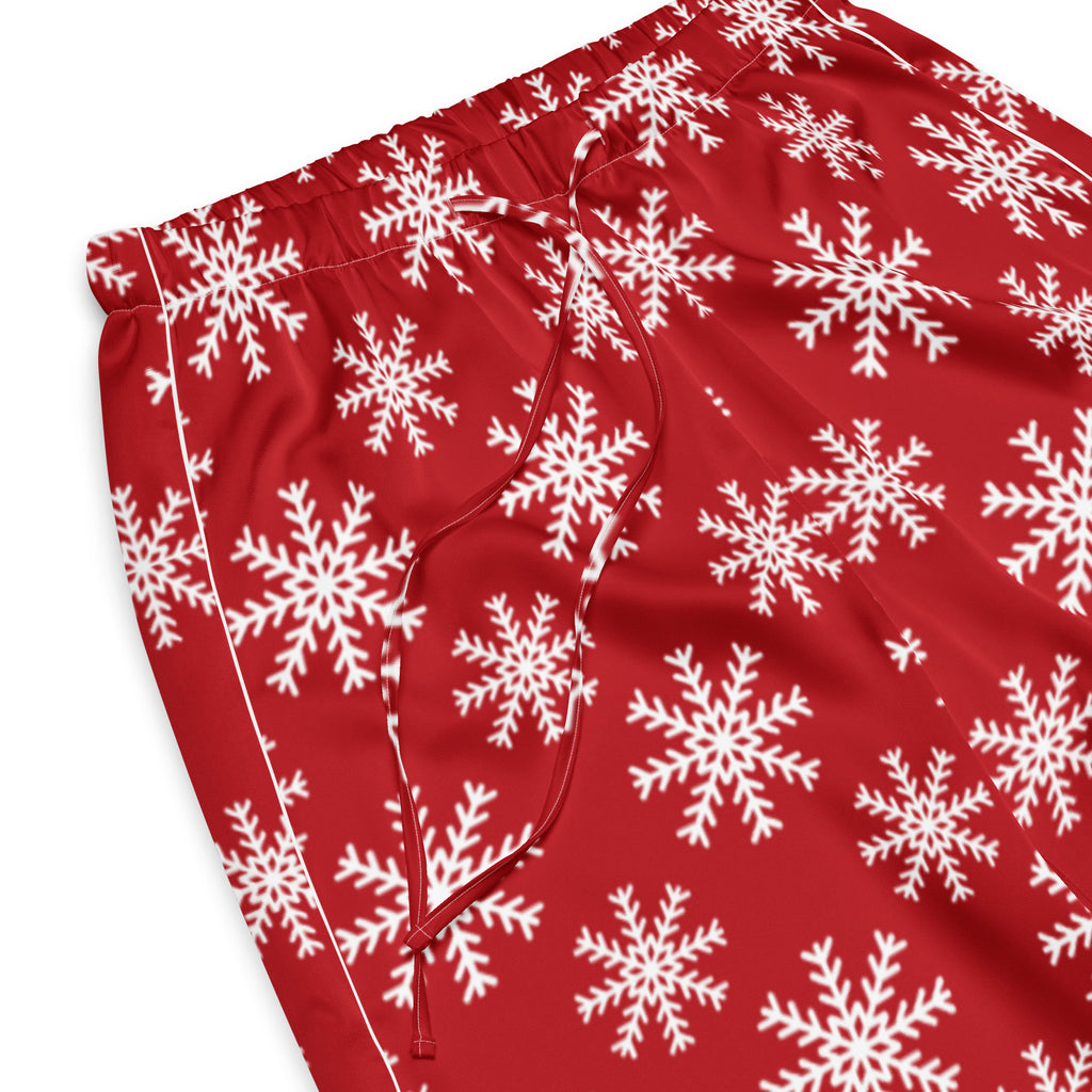 Women’s lightweight red christmas snowflakes pajama pants with white snowflake pattern and drawstring waistband