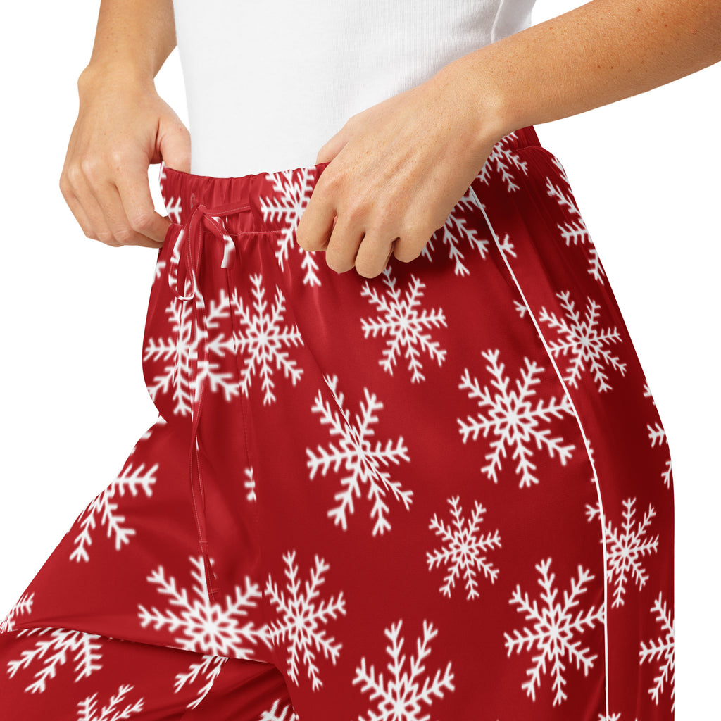 Women’s red christmas snowflakes pajama pants with white snowflake pattern and lightweight drawstring waistband