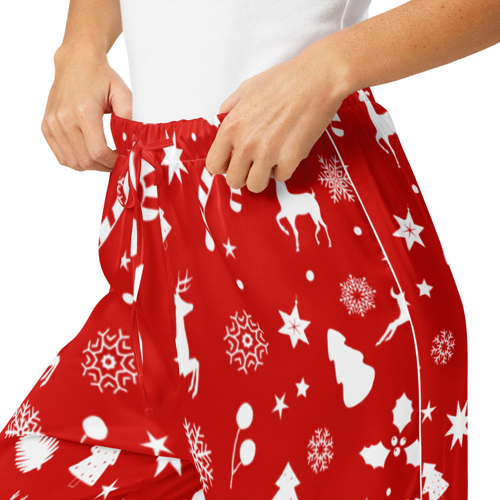 Women’s red christmas pajama pants lightweight relaxed fit with drawstring waist and white reindeer snowflake patterns