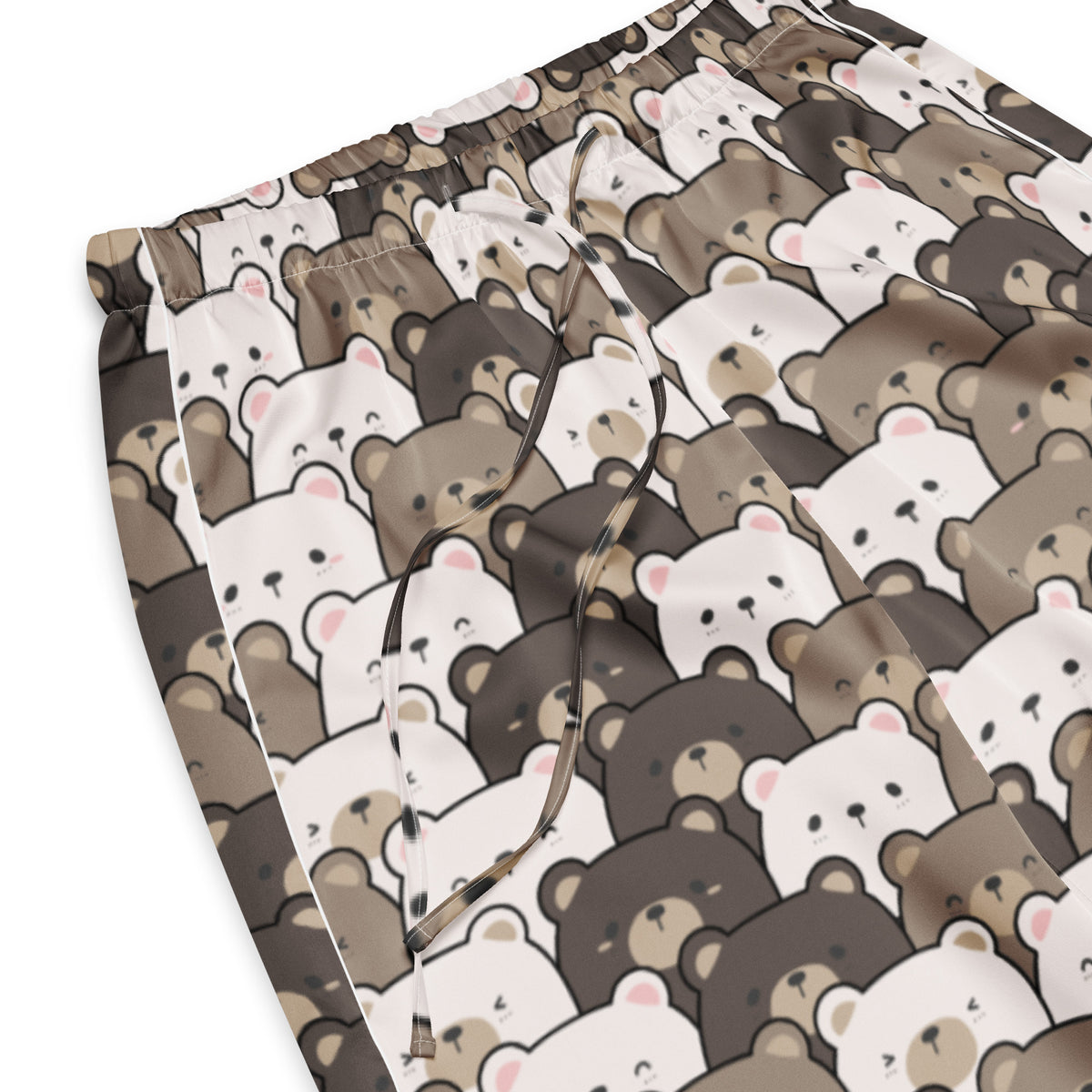 Cute brown and white cartoon bear printed women’s pajama pants with lightweight fabric elastic waistband and drawstring waist
