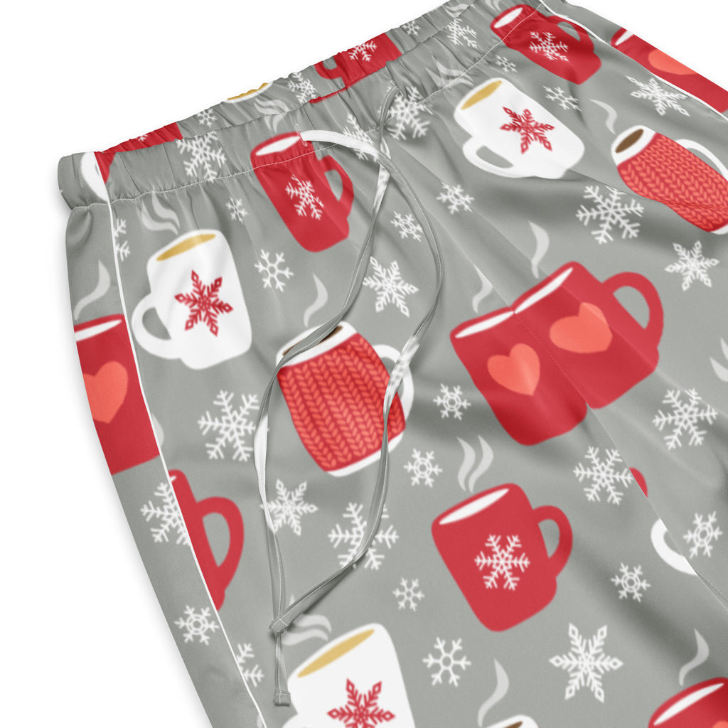 Women’s gray lightweight pajama pants with red and white festive mug pattern featuring snowflakes hearts and steam lines