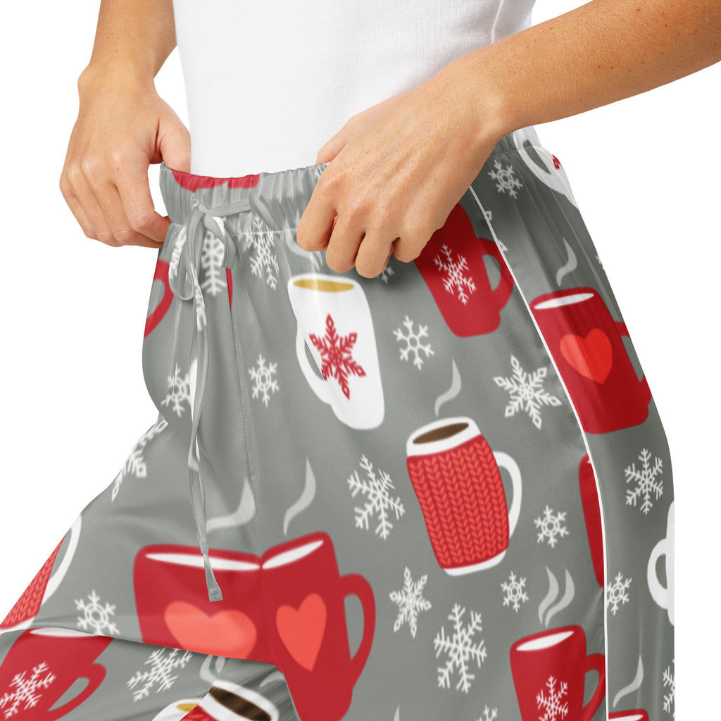 Women’s lightweight gray pajama pants with a playful red and white coffee mug pattern for Christmas relaxation