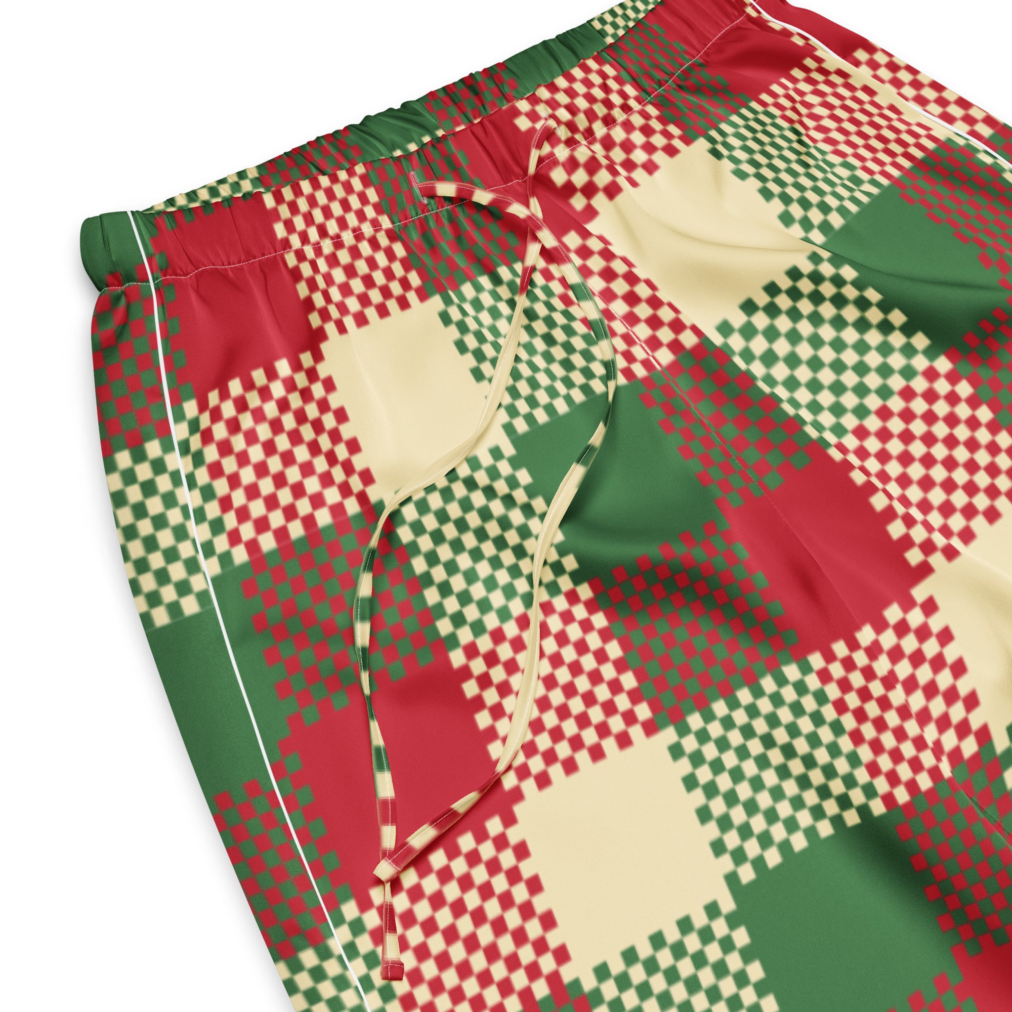 Women’s christmas plaid pajama pants in red green and cream with lightweight fabric and drawstring waistband